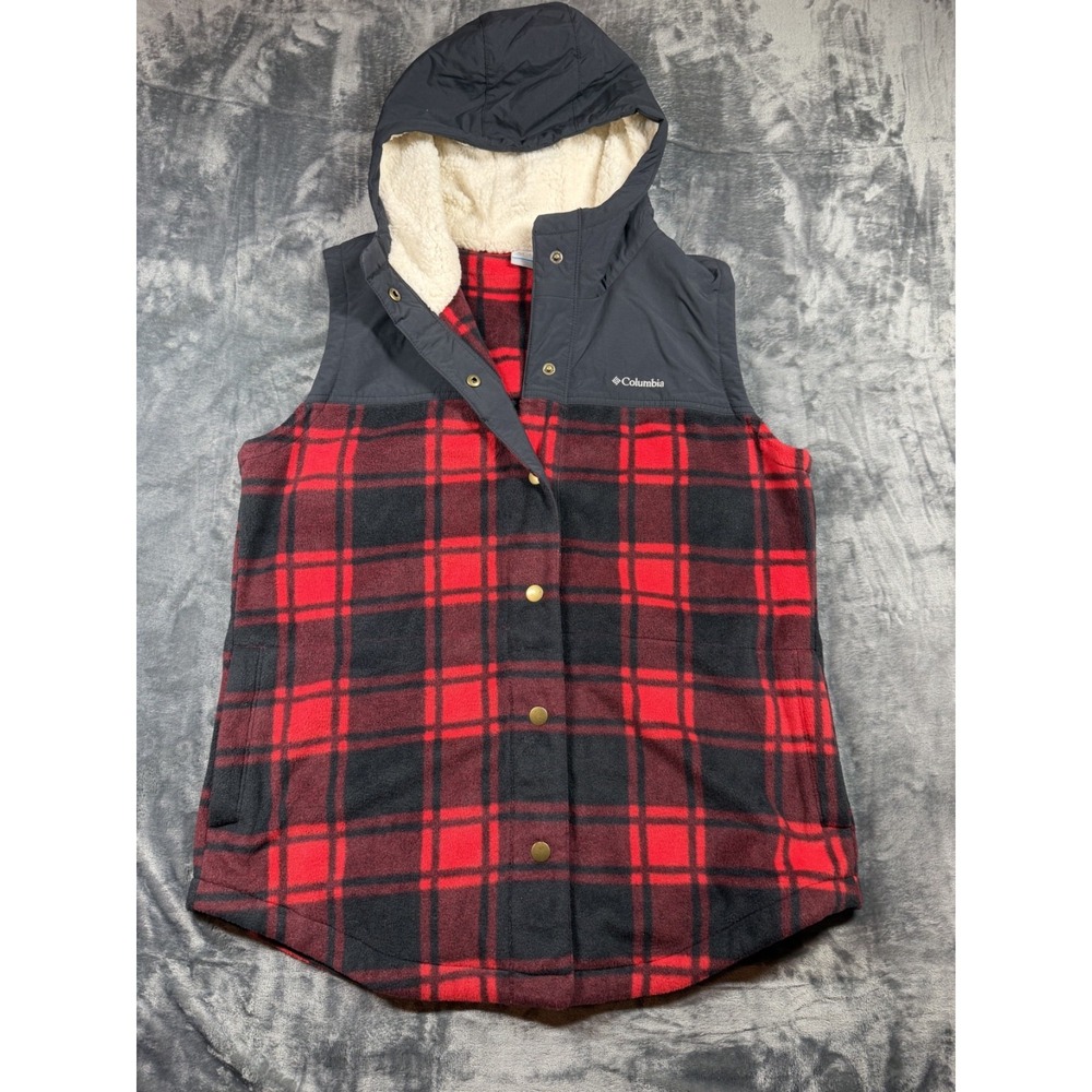 Columbia Plaid Hooded Sherpa Fleece Vest Women XL AL1123